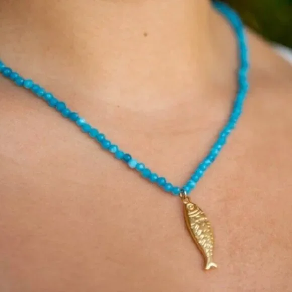 Fish Pendant + Blue Beaded Necklace Gold Fish Necklace WATERPROOF Jewelry PRETTY - Picture 5 of 11